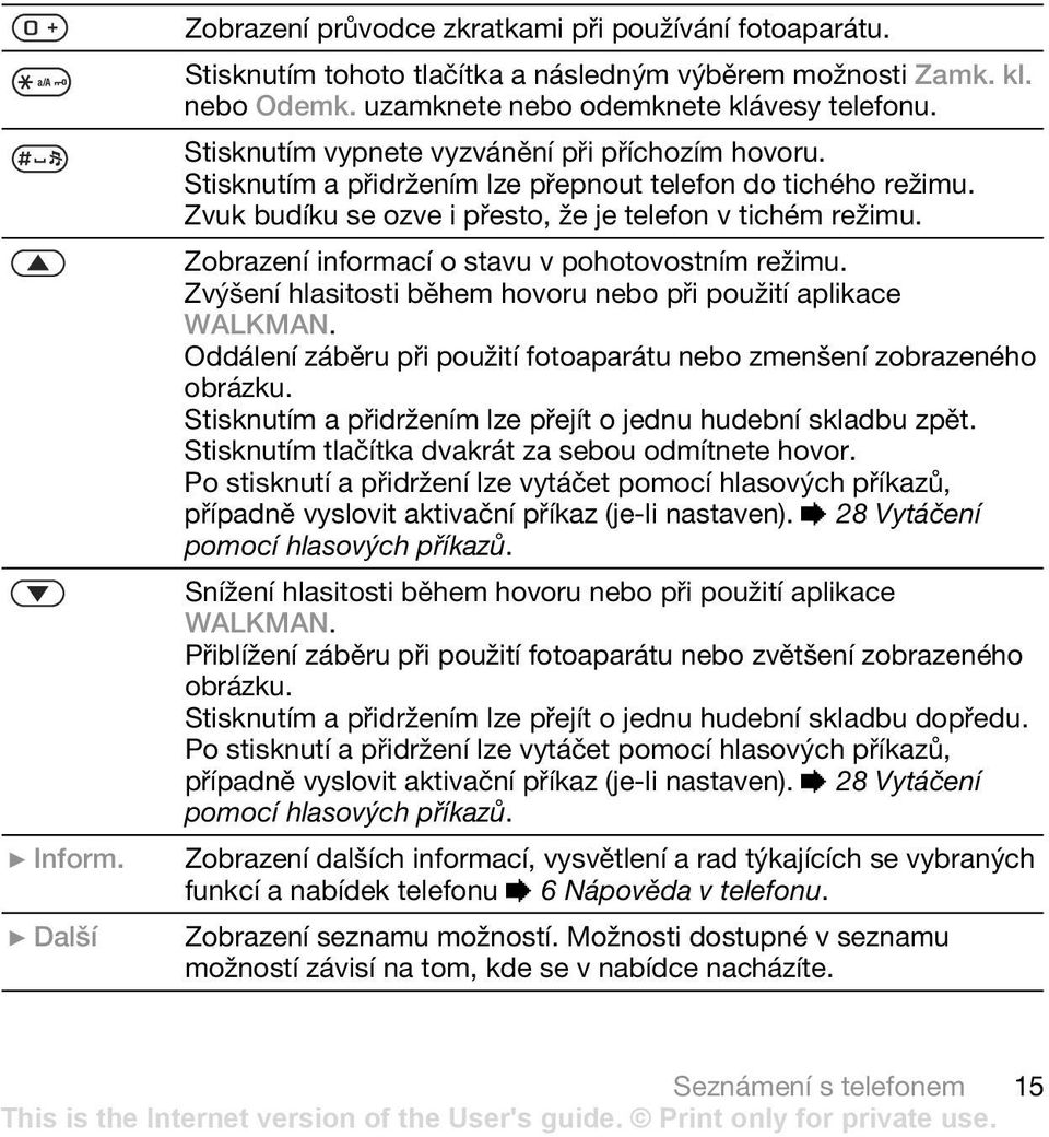 Zobrazení informací o stavu v pohotovostním režimu. Zvýšení hlasitosti během hovoru nebo při použití aplikace WALKMAN. Oddálení záběru při použití fotoaparátu nebo zmenšení zobrazeného obrázku.