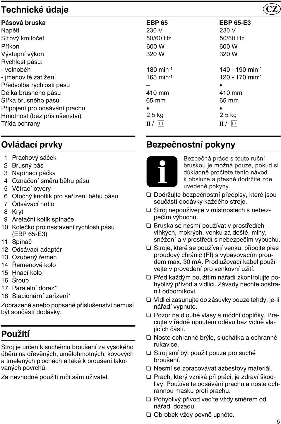 Tfiída ochrany 2,5 kg II / 2,5 kg II / CZ Ovládací prvky 1 Prachov sáãek 2 Brusn pás 3 Napínací páãka 4 Oznaãení smûru bûhu pásu 5 Vûtrací otvory 6 Otoãn knoflík pro sefiízení bûhu pásu 7 Odsávací