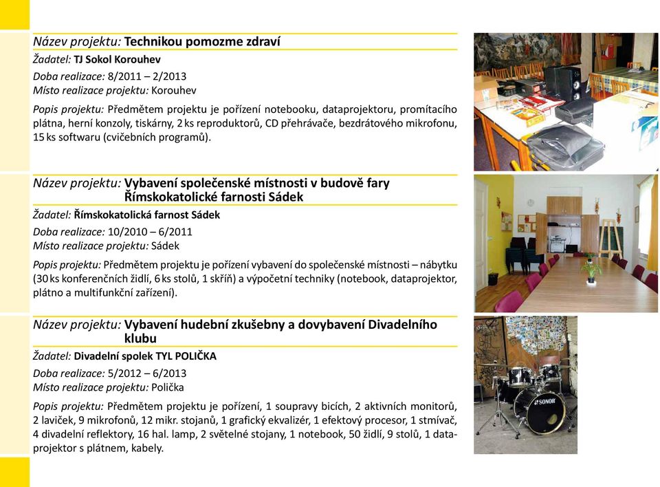 Název projektu: Vybavení společenské místnosti v budově fary Římskokatolické farnosti Sádek Žadatel: Římskokatolická farnost Sádek Doba realizace: 10/2010 6/2011 Místo realizace projektu: Sádek Popis