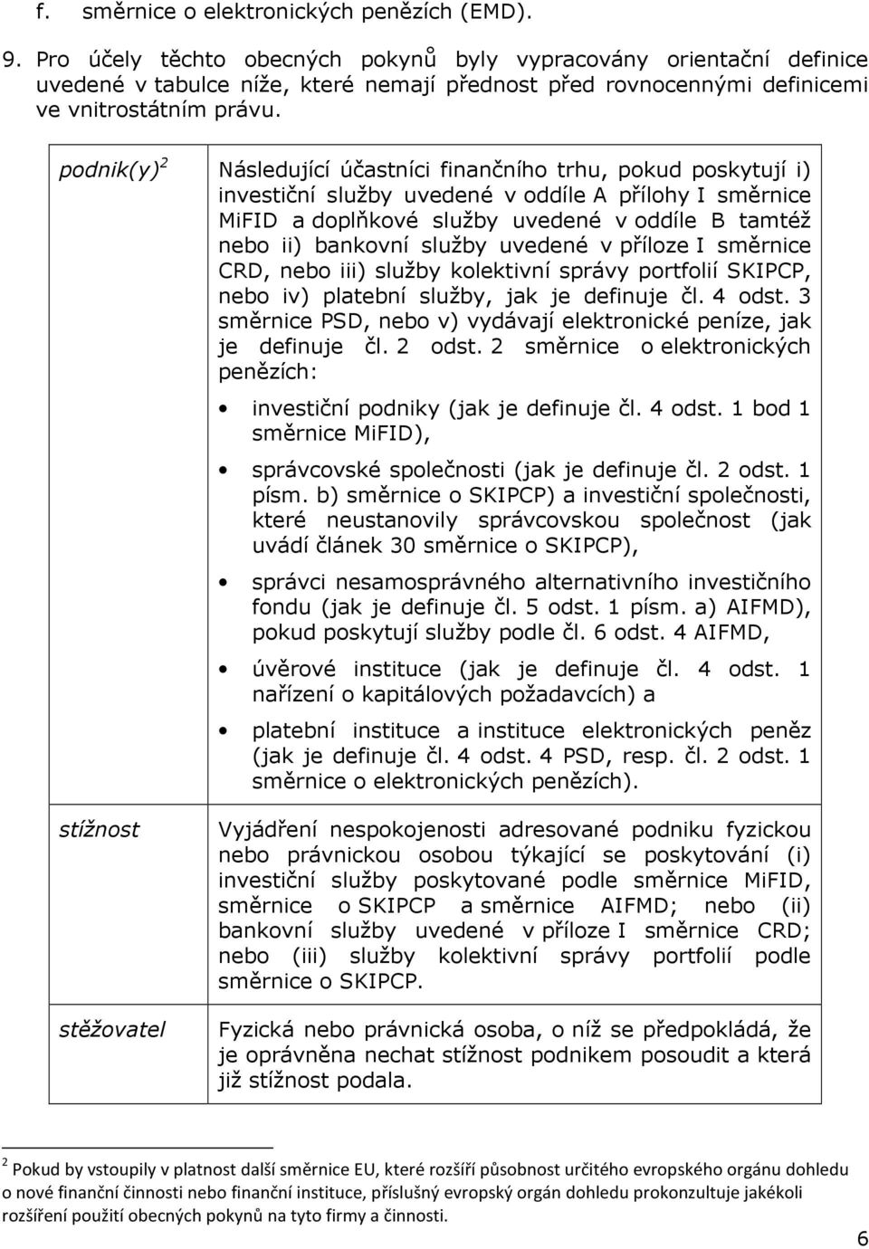 podnik(y) 2 Následující účastníci finančního trhu, pokud poskytují i) investiční služby uvedené v oddíle A přílohy I směrnice MiFID a doplňkové služby uvedené v oddíle B tamtéž nebo ii) bankovní