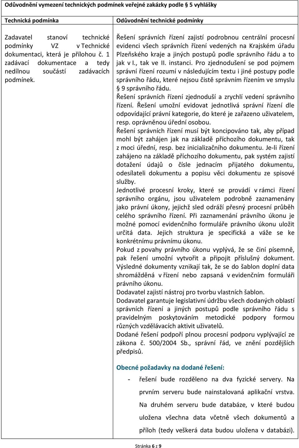 Odůvodnění technické podmínky Řešení správních řízení zajistí podrobnou centrální procesní evidenci všech správních řízení vedených na Krajském úřadu Plzeňského kraje a jiných postupů podle správního