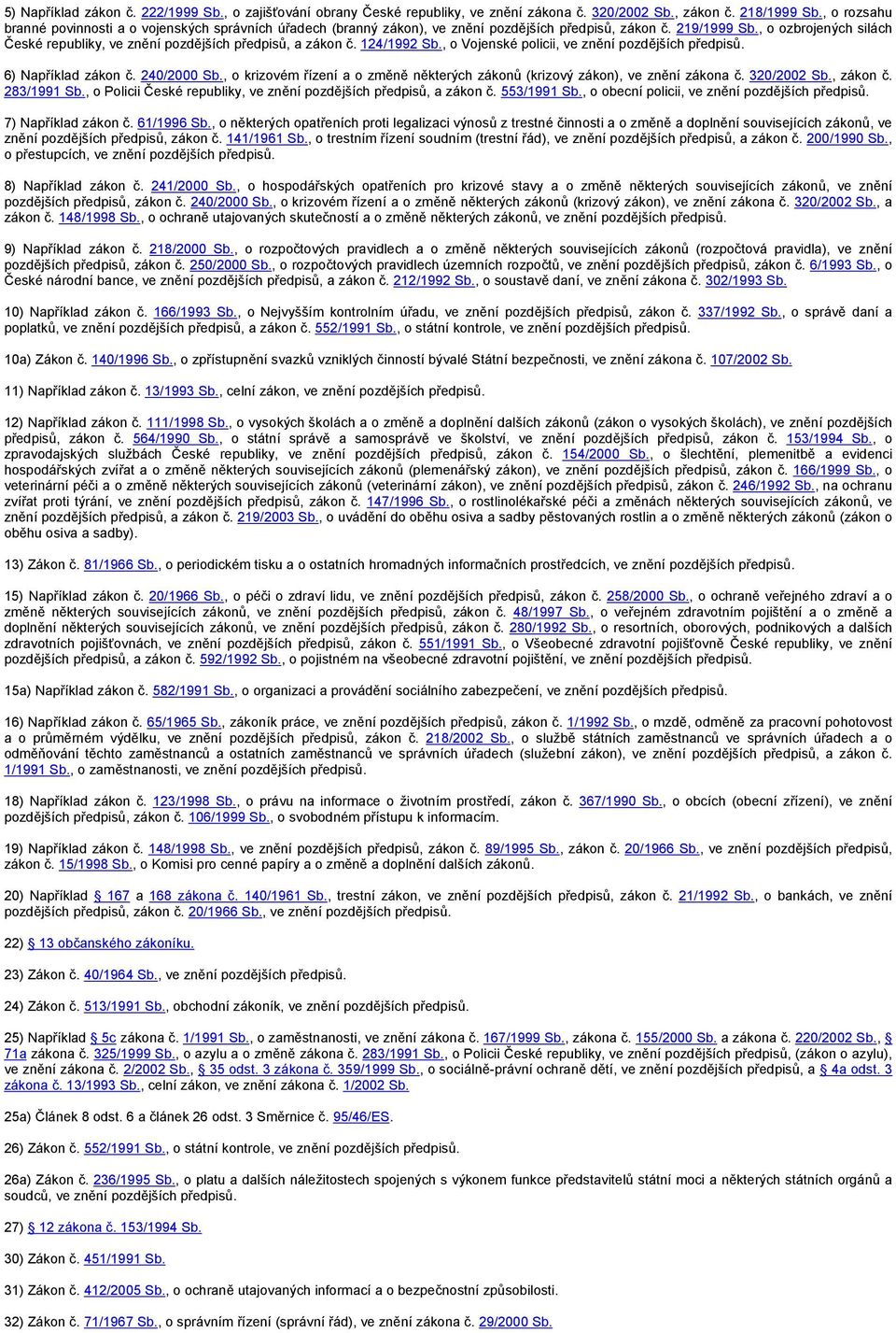 , o ozbrojených silách České republiky, ve znění pozdějších předpisů, a zákon č. 124/1992 Sb., o Vojenské policii, ve znění pozdějších předpisů. 6) Například zákon č. 240/2000 Sb.