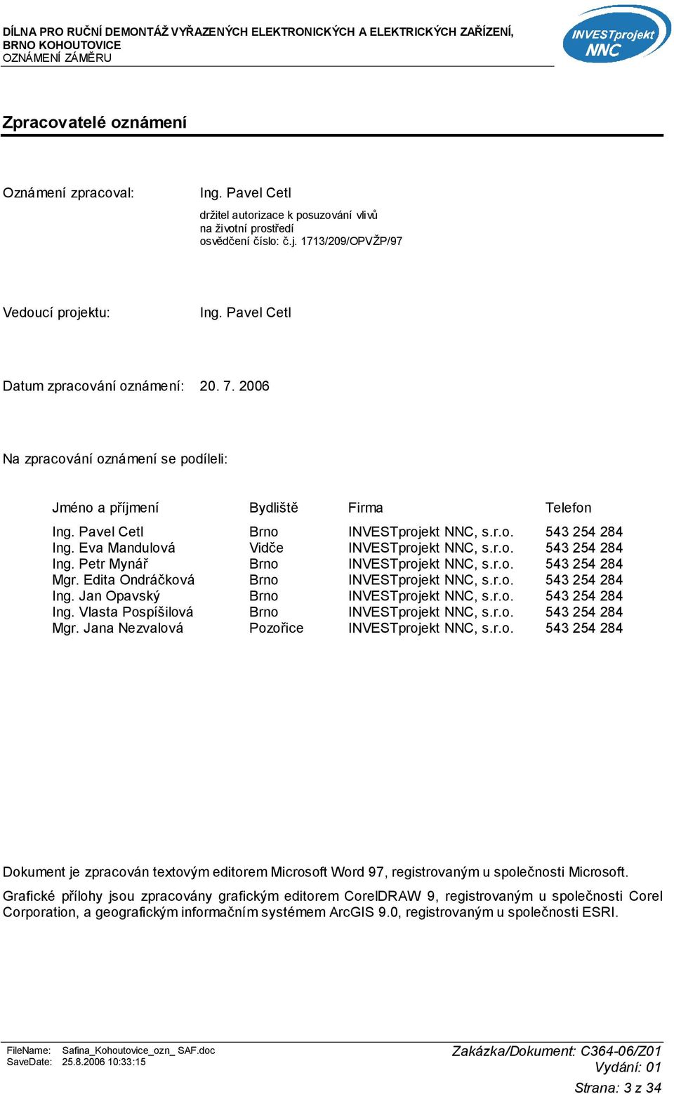 Eva Mandulová Vidče INVESTprojekt NNC, s.r.o. 543 254 284 Ing. Petr Mynář Brno INVESTprojekt NNC, s.r.o. 543 254 284 Mgr. Edita Ondráčková Brno INVESTprojekt NNC, s.r.o. 543 254 284 Ing. Jan Opavský Brno INVESTprojekt NNC, s.