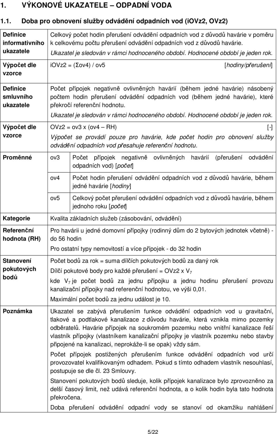 iovz2 = (Σov4) / ov5 [hodiny/přerušení] smluvního Počet přípojek negativně ovlivněných havárií (během jedné havárie) násobený počtem hodin přerušení odvádění odpadních vod (během jedné havárie),