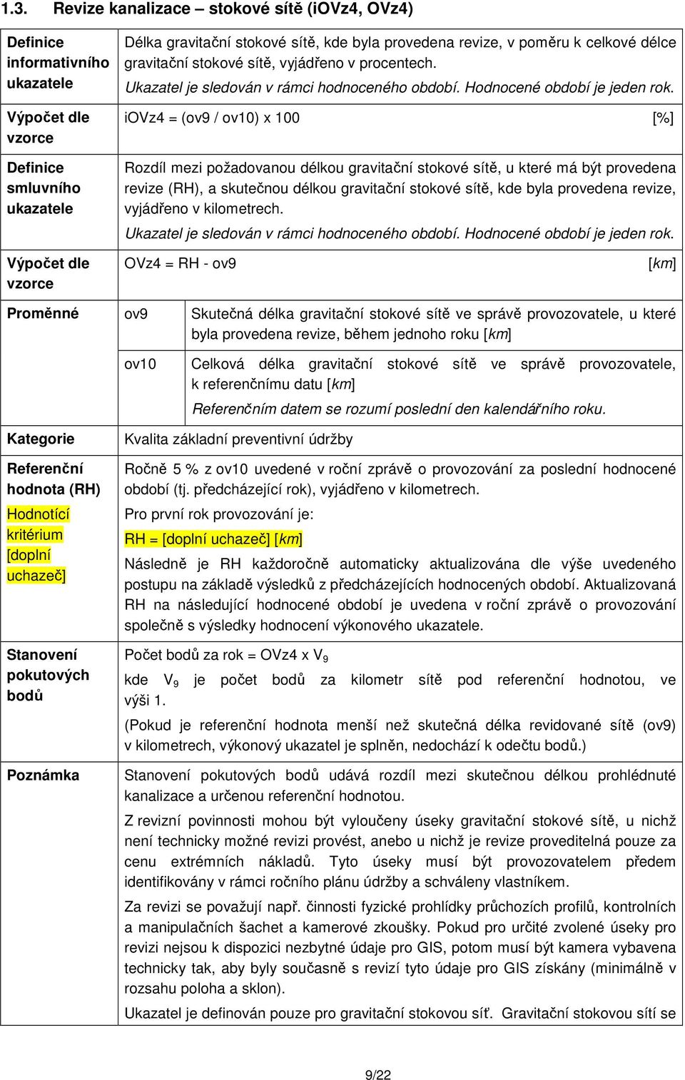 iovz4 = (ov9 / ov10) x 100 [%] Rozdíl mezi požadovanou délkou gravitační stokové sítě, u které má být provedena revize (RH), a skutečnou délkou gravitační stokové sítě, kde byla provedena revize,