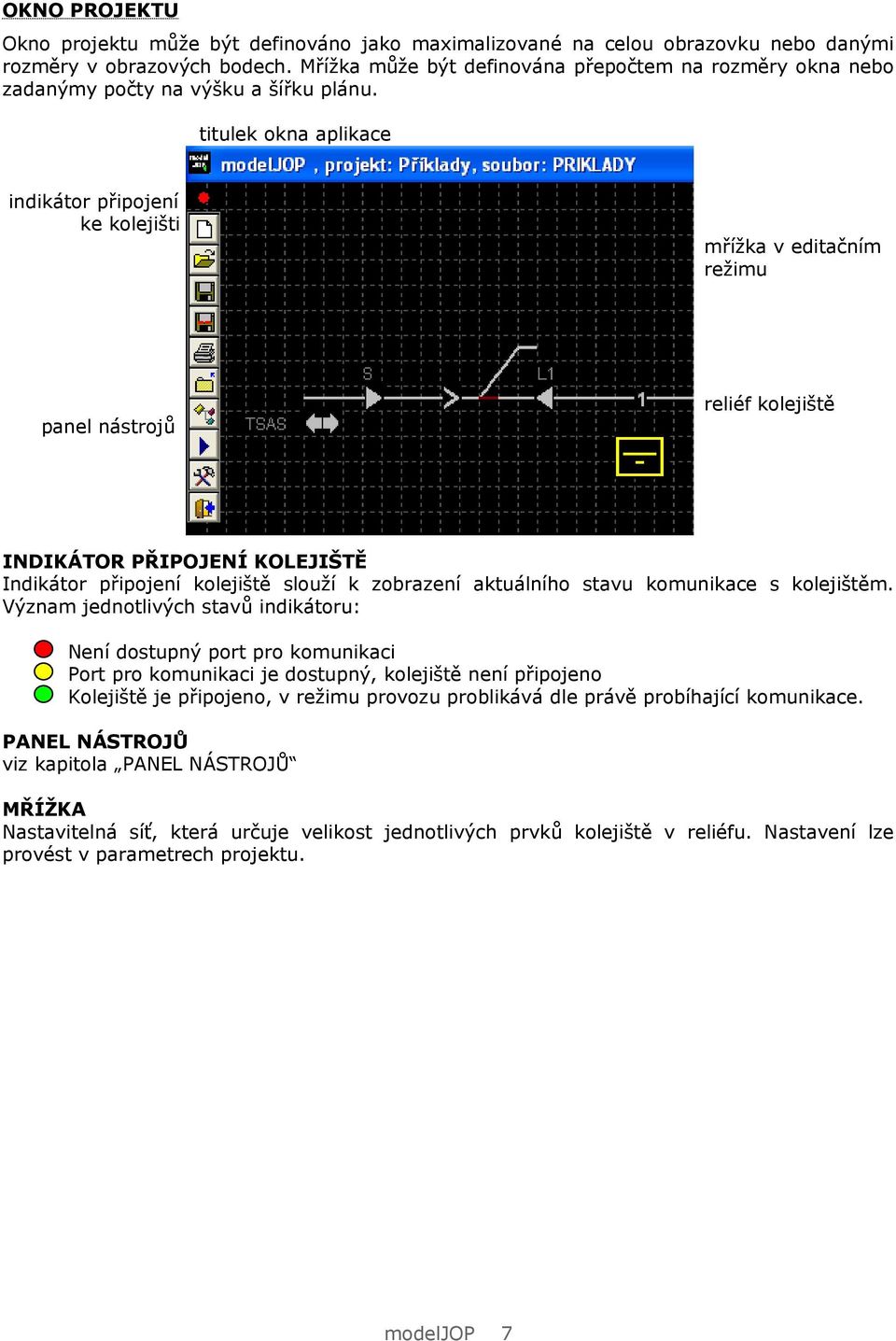 titulek okna aplikace indikátor připojení ke kolejišti mřížka v editačním režimu panel nástrojů reliéf kolejiště INDIKÁTOR PŘIPOJENÍ KOLEJIŠTĚ Indikátor připojení kolejiště slouží k zobrazení