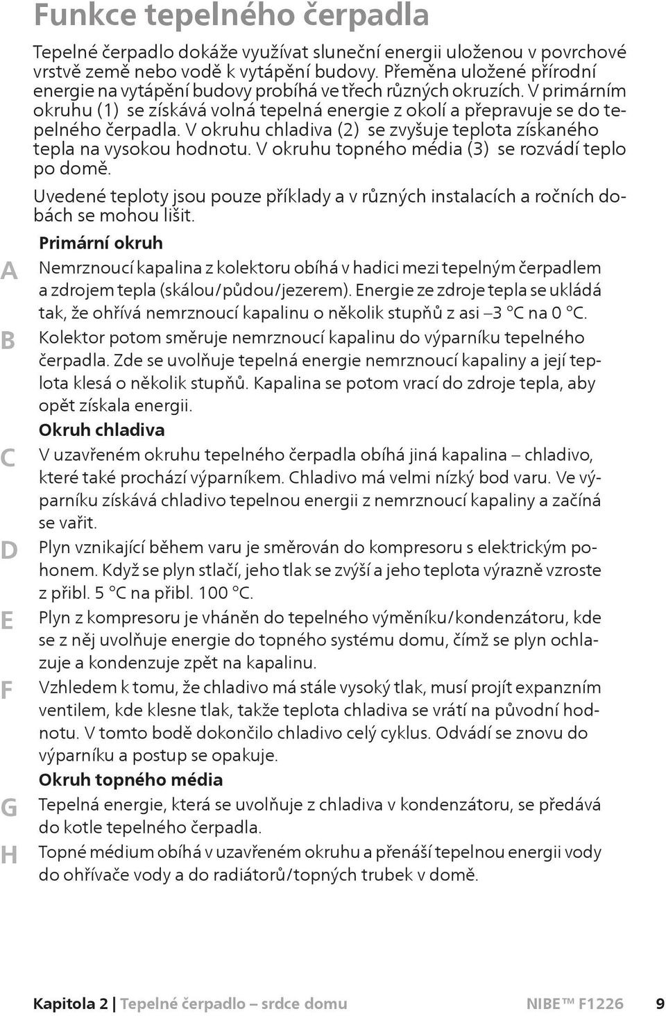 V okruhu chladiva (2) se zvyšuje teplota získaného tepla na vysokou hodnotu. V okruhu topného média (3) se rozvádí teplo po domě.