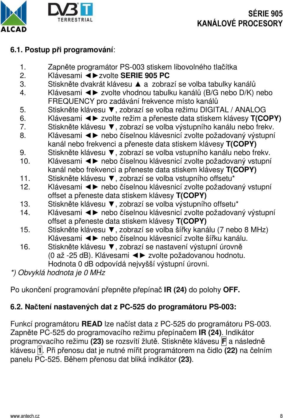 Klávesami zvolte režim a přeneste data stiskem klávesy T(COPY) 7. Stiskněte klávesu, zobrazí se volba výstupního kanálu nebo frekv. 8.