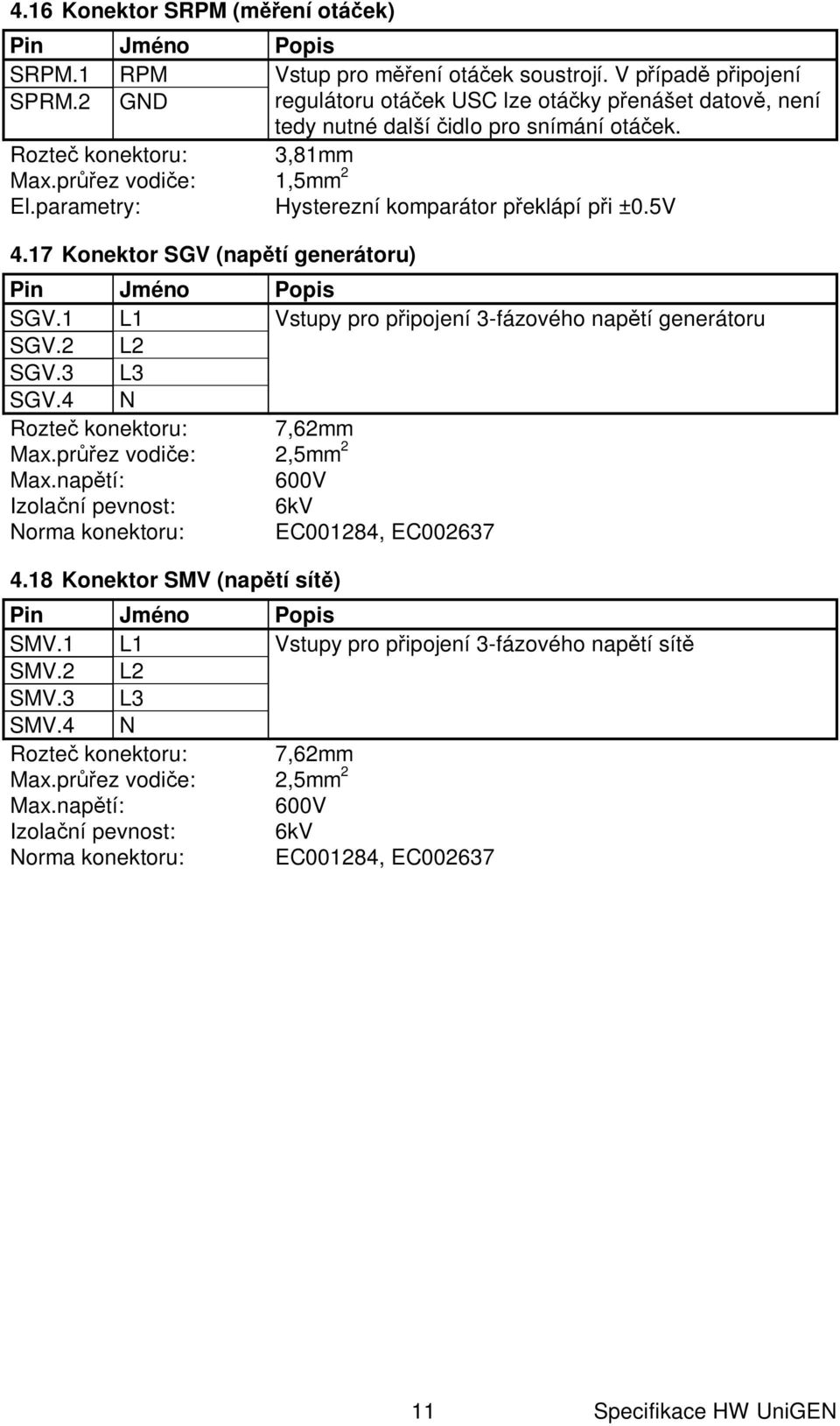 17 Konektor SGV (nap tí generátoru) SGV.1 L1 Vstupy pro p ipojení 3-fázového nap tí generátoru SGV.2 L2 SGV.3 L3 SGV.4 N Rozte konektoru: 7,62mm Max.pr ez vodi e: 2,5mm 2 Max.