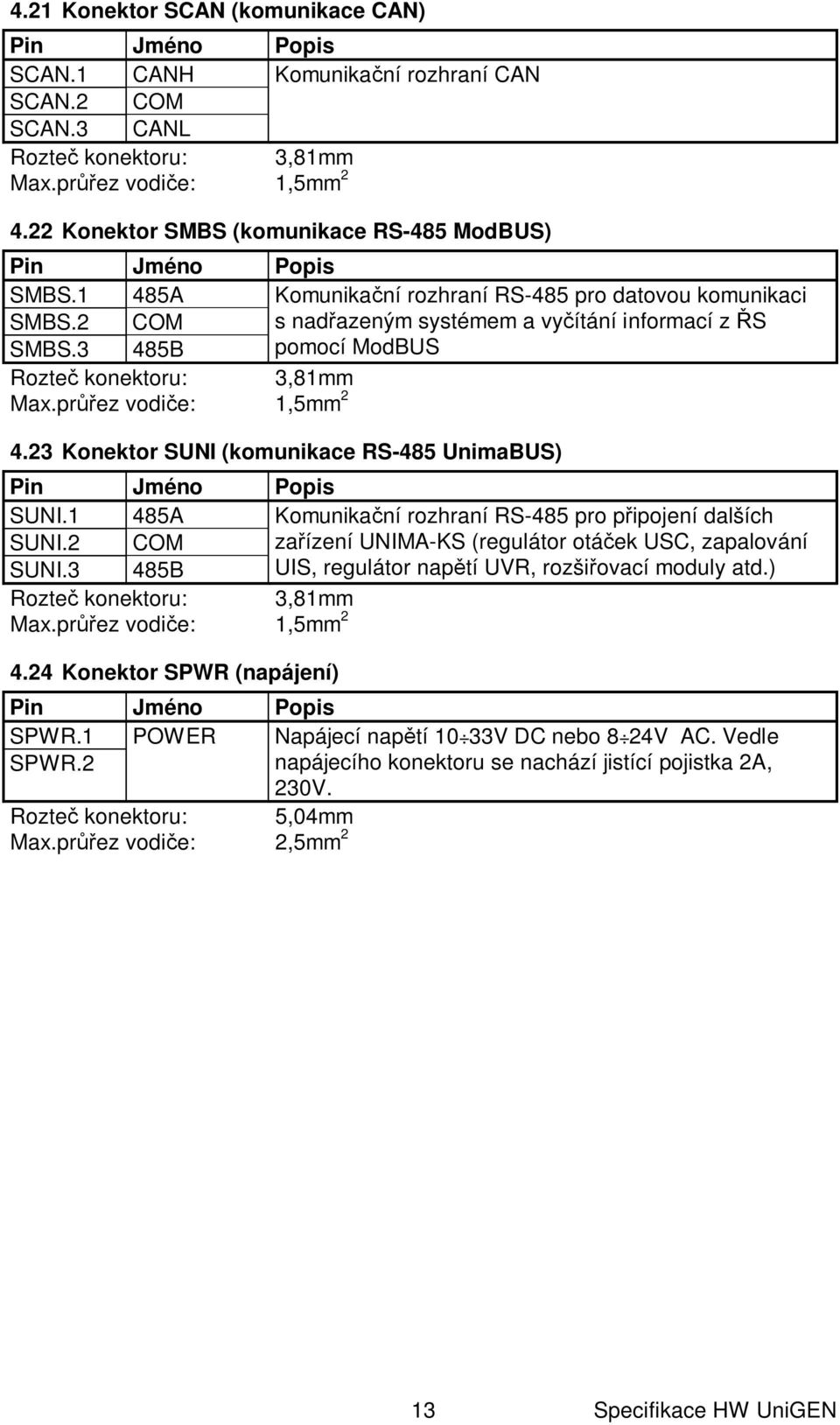 23 Konektor SUNI (komunikace RS-485 UnimaBUS) SUNI.1 485A Komunika ní rozhraní RS-485 pro p ipojení dalších SUNI.2 COM za ízení UNIMA-KS (regulátor otá ek USC, zapalování SUNI.