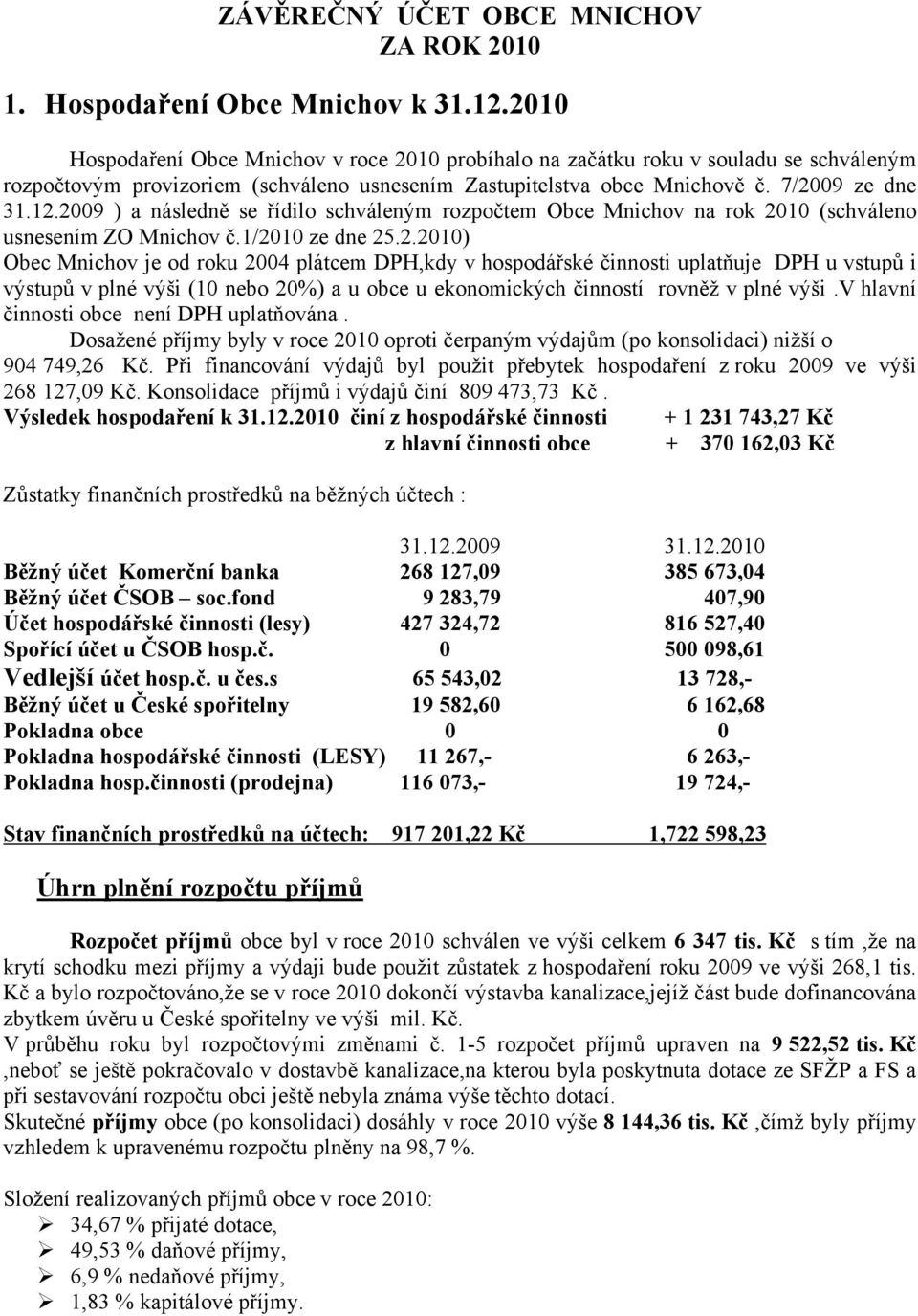 2009 ) a následně se řídilo schváleným rozpočtem Obce Mnichov na rok 2010 (schváleno usnesením ZO Mnichov č.1/2010 ze dne 25.2.2010) Obec Mnichov je od roku 2004 plátcem DPH,kdy v hospodářské činnosti uplatňuje DPH u vstupů i výstupů v plné výši (10 nebo 20%) a u obce u ekonomických činností rovněž v plné výši.