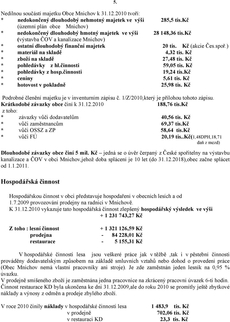 ) * materiál na skladě 4,32 tis. Kč * zboží na skladě 27,48 tis. Kč * pohledávky z hl.činnosti 59,05 tis. Kč * pohledávky z hosp.činnosti 19,24 tis.kč * ceniny 5,61 tis.