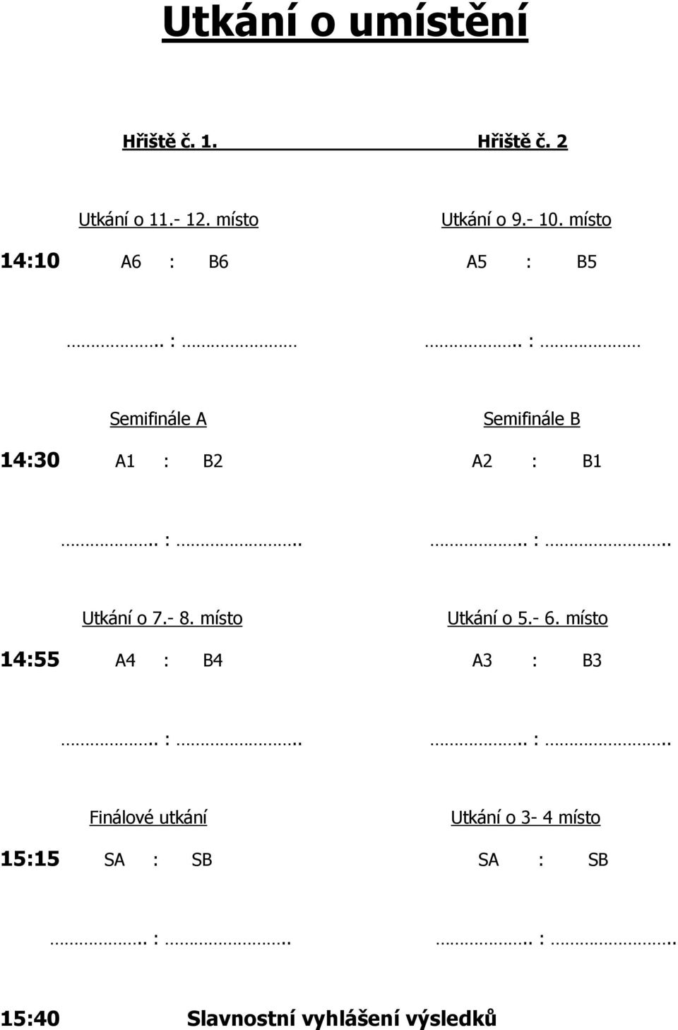 B6 A5 : B5.. :.. : Semifinále A Semifinále B 14:30 A1 : B2 A2 : B1 Utkání o 7.- 8.