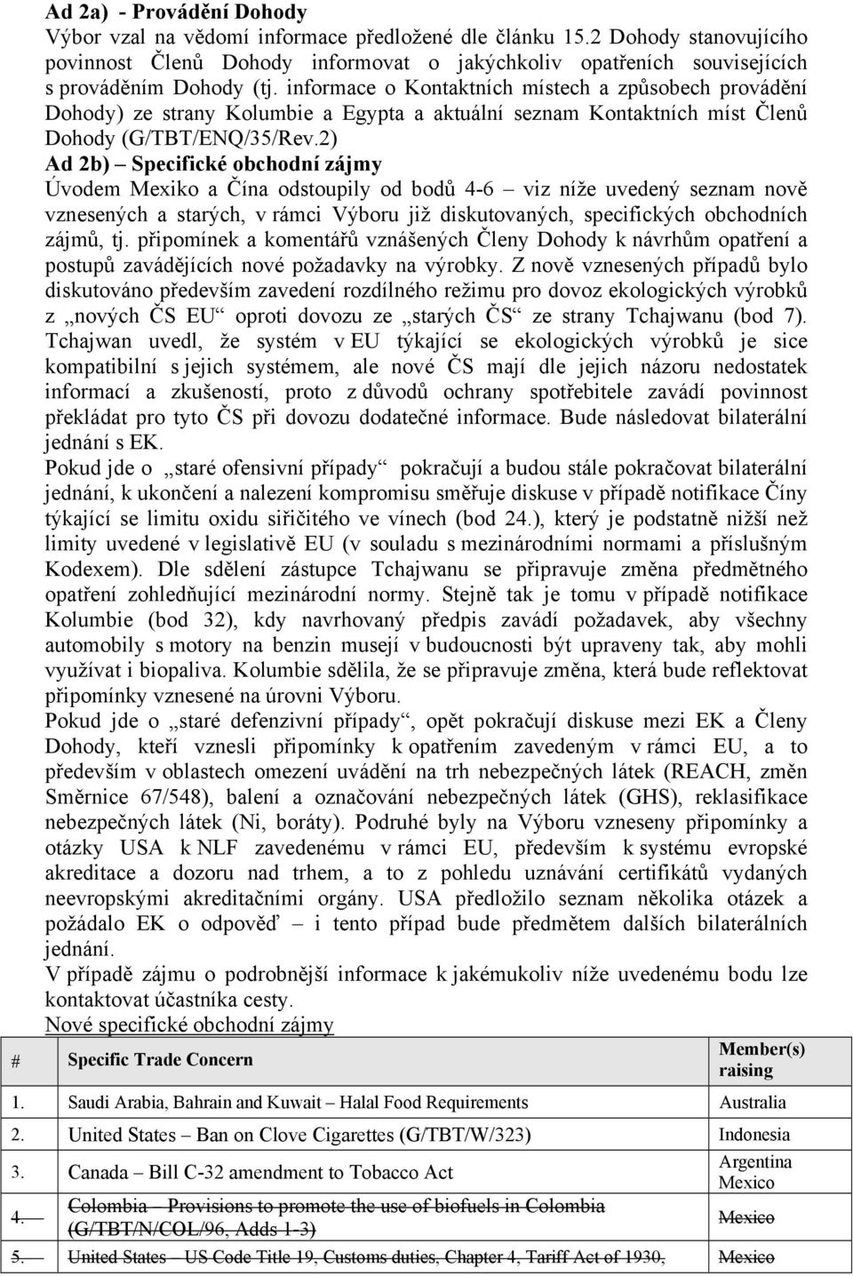 informace o Kontaktních místech a způsobech provádění Dohody) ze strany Kolumbie a Egypta a aktuální seznam Kontaktních míst Členů Dohody (G/TBT/ENQ/35/Rev.