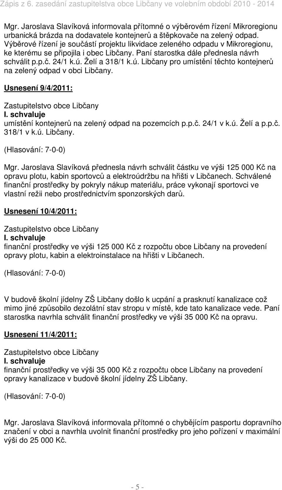 Želí a 318/1 k.ú. Lib any pro umíst ní t chto kontejner na zelený odpad v obci Lib any. Usnesení 9/4/2011: umíst ní kontejner na zelený odpad na pozemcích p.p.. 24/1 v k.ú. Želí a p.p.. 318/1 v k.ú. Lib any. Mgr.