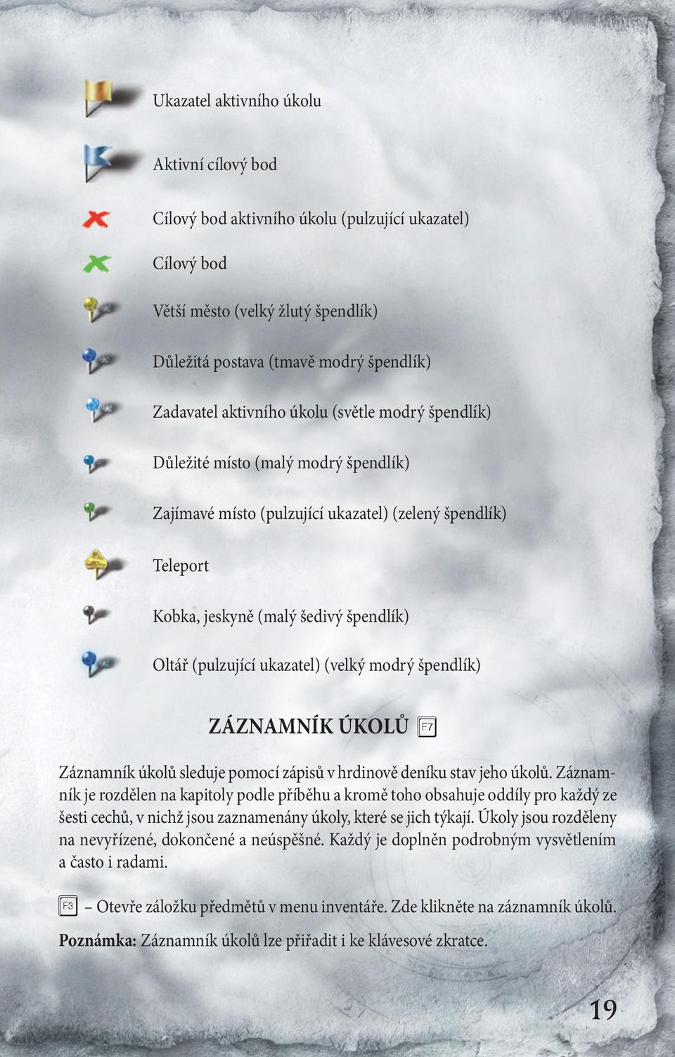 (velký modrý špendlík) ZáZnAmník ÚkolŮ Záznamník úkolů sleduje pomocí zápisů v hrdinově deníku stav jeho úkolů.
