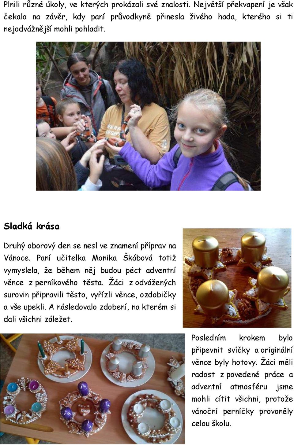 Sladká krása Druhý oborový den se nesl ve znamení příprav na Vánoce. Paní učitelka Monika Škábová totiž vymyslela, že během něj budou péct adventní věnce z perníkového těsta.