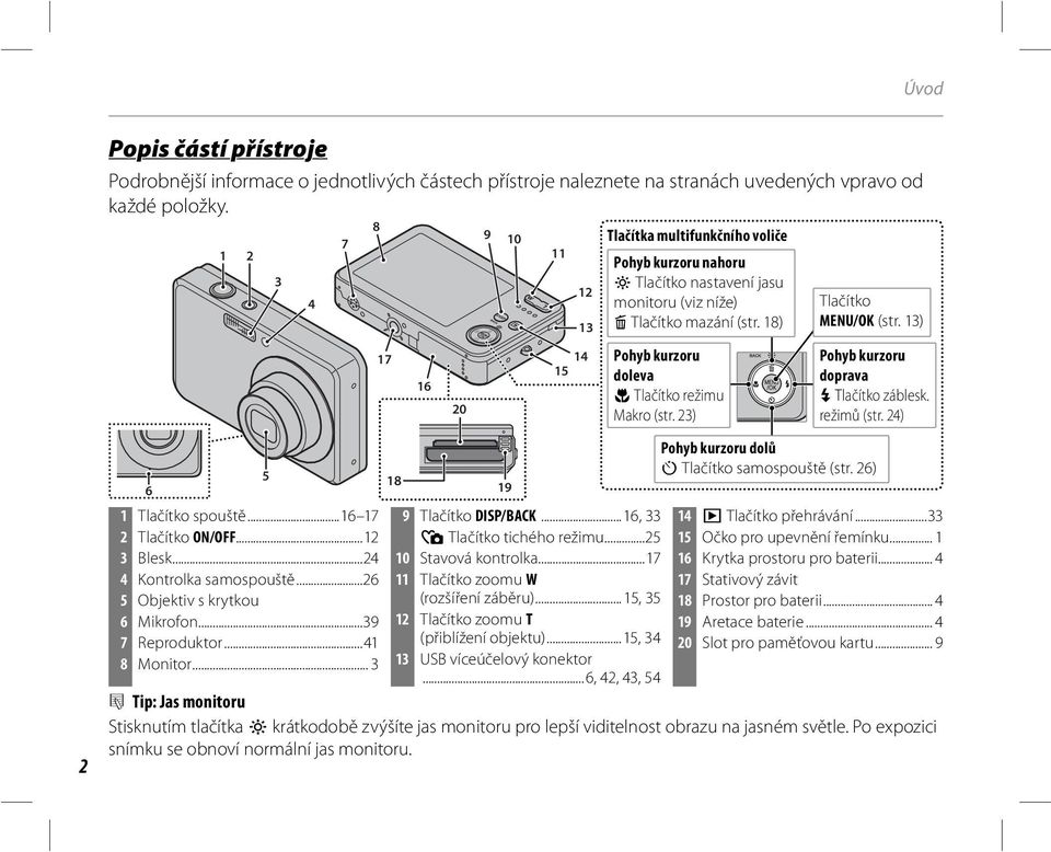 18) Pohyb kurzoru doleva L Tlačítko režimu Makro (str. 23) Tlačítko MENU/OK (str. 13) Pohyb kurzoru doprava K Tlačítko záblesk. režimů (str. 24) 2 5 6 1 Tlačítko spouště...16 17 2 Tlačítko ON/OFF.