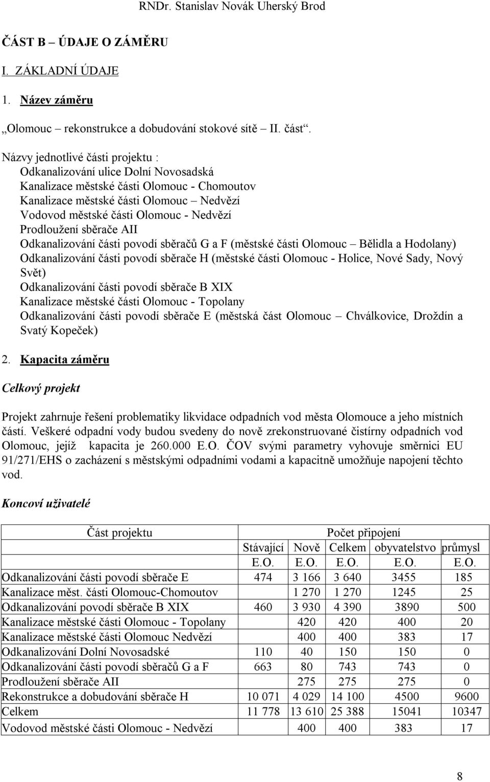 Prodloužení sběrače AII Odkanalizování části povodí sběračů G a F (městské části Olomouc Bělidla a Hodolany) Odkanalizování části povodí sběrače H (městské části Olomouc - Holice, Nové Sady, Nový