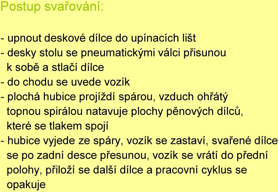 natavuje plochy pěnových dílců, které se tlakem spojí - hubice vyjede ze spáry, vozík se zastaví, svařené