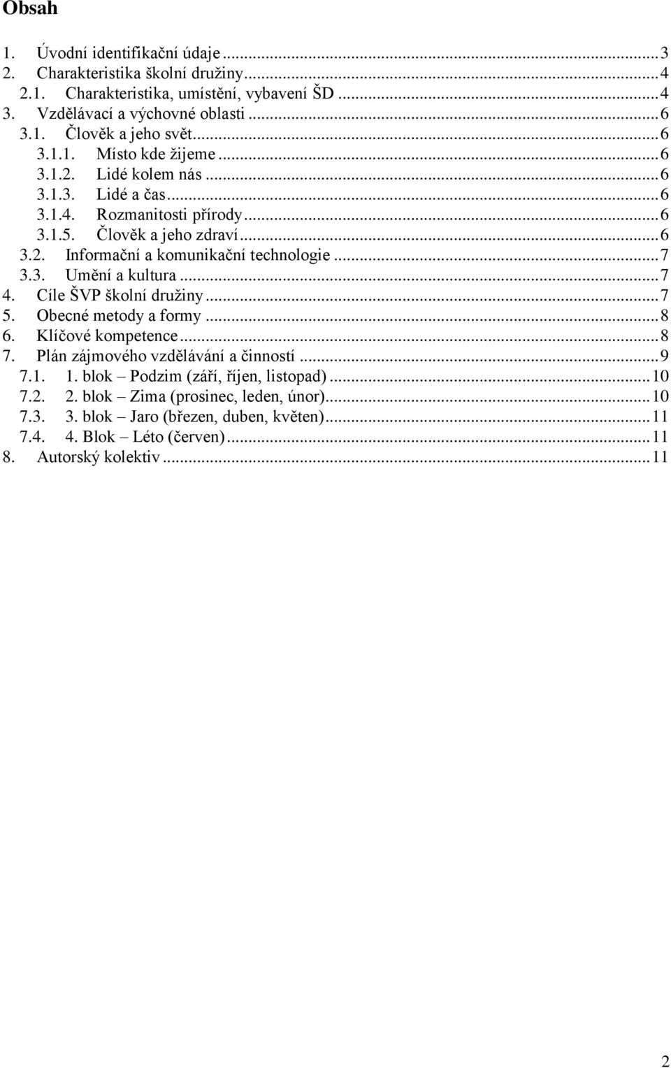 .. 7 3.3. Umění a kultura... 7 4. Cíle ŠVP školní družiny... 7 5. Obecné metody a formy... 8 6. Klíčové kompetence... 8 7. Plán zájmového vzdělávání a činností... 9 7.1. 1.