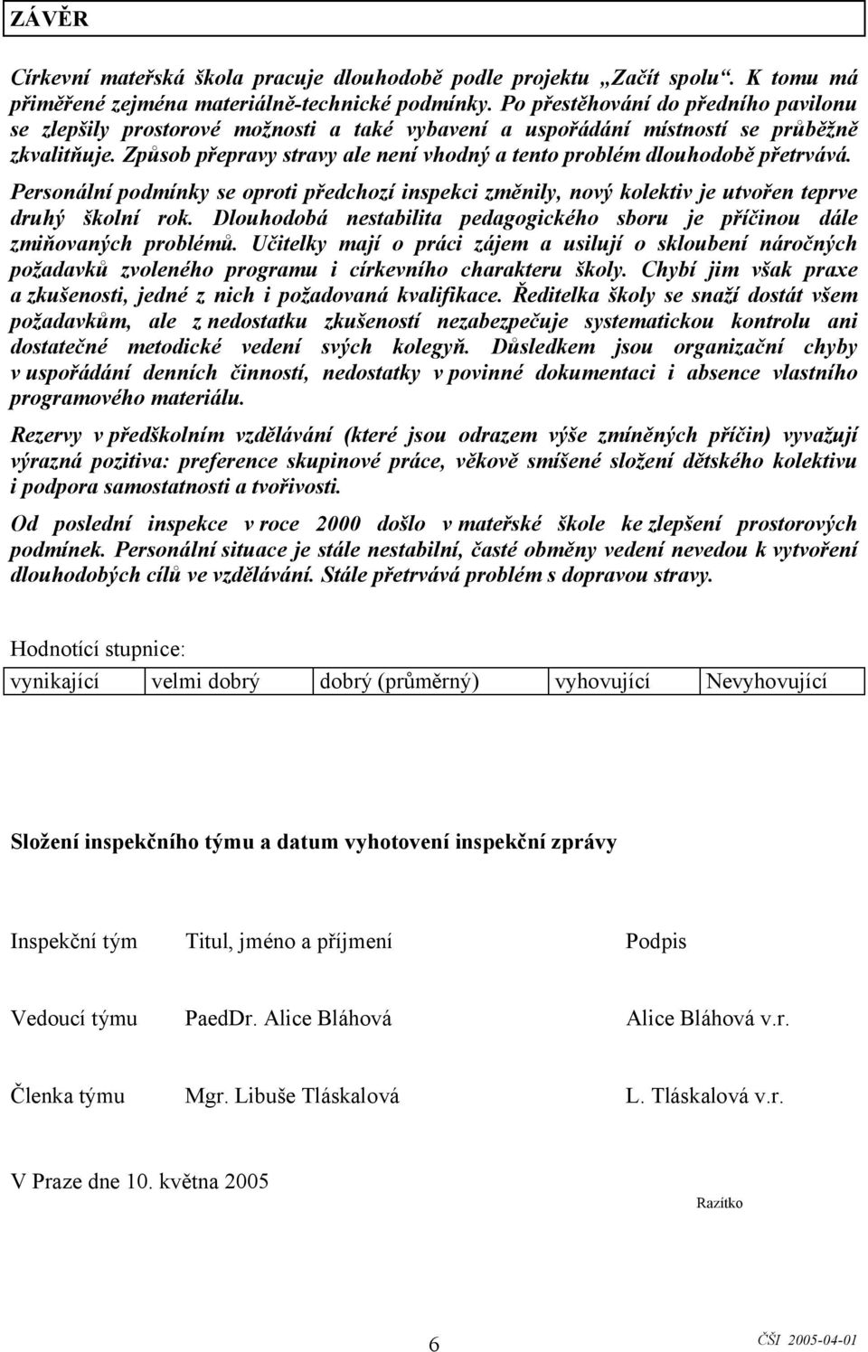 Způsob přepravy stravy ale není vhodný a tento problém dlouhodobě přetrvává. Personální podmínky se oproti předchozí inspekci změnily, nový kolektiv je utvořen teprve druhý školní rok.