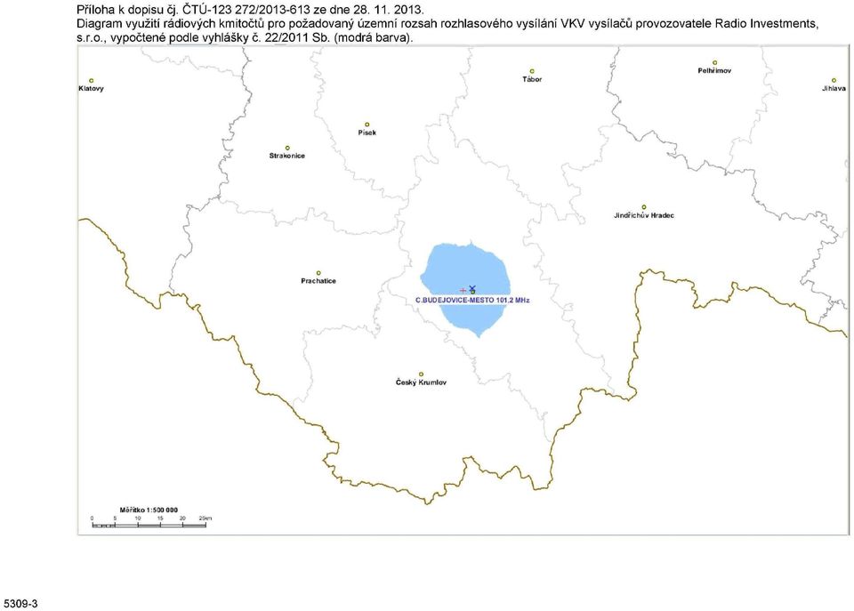 vysílání VKV vysílačů provozovatele Rádio Investments, s.r.o., vypočtené podle vyhlášky č.