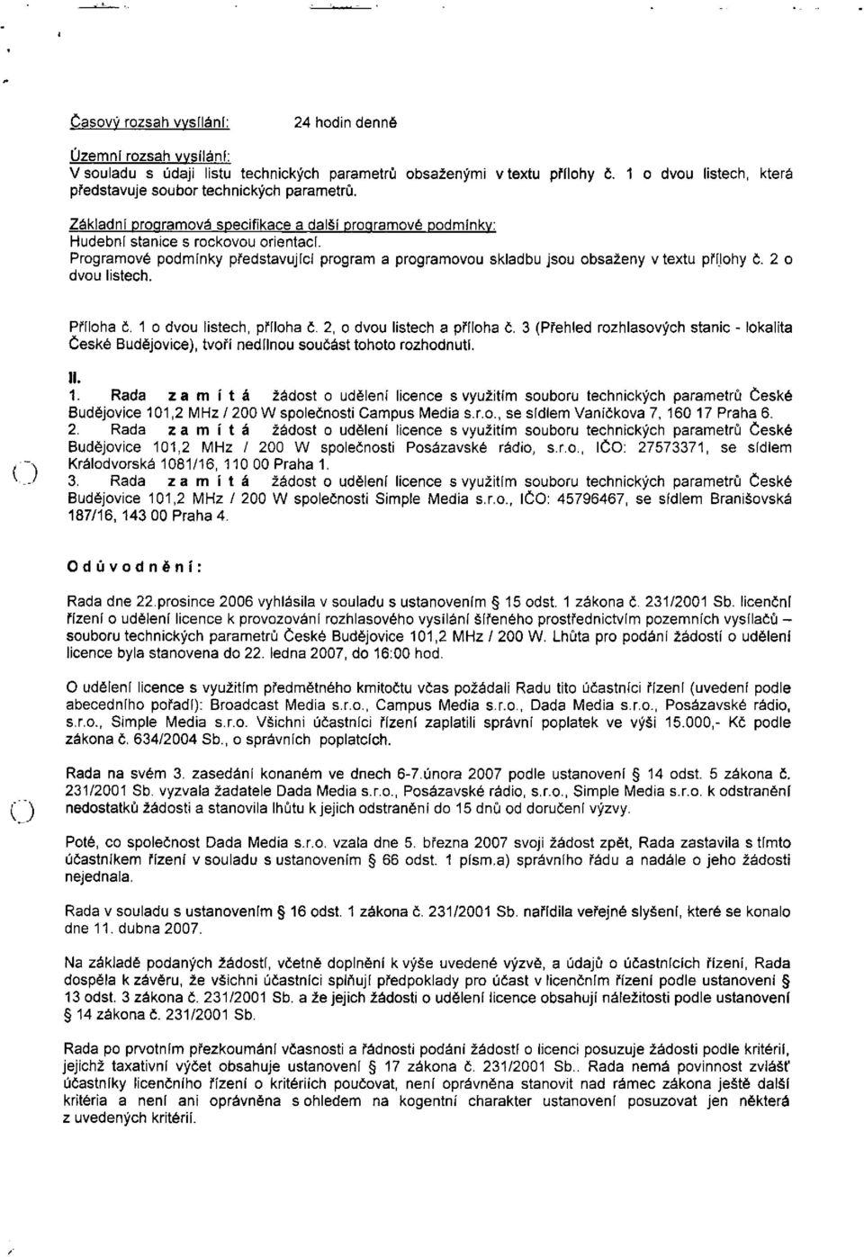 Programové podmínky představující program a programovou skladbu jsou obsaženy v textu přílohy č. 2 o dvou listech. Příloha č. 1 o dvou listech, příloha č. 2, o dvou listech a příloha č.