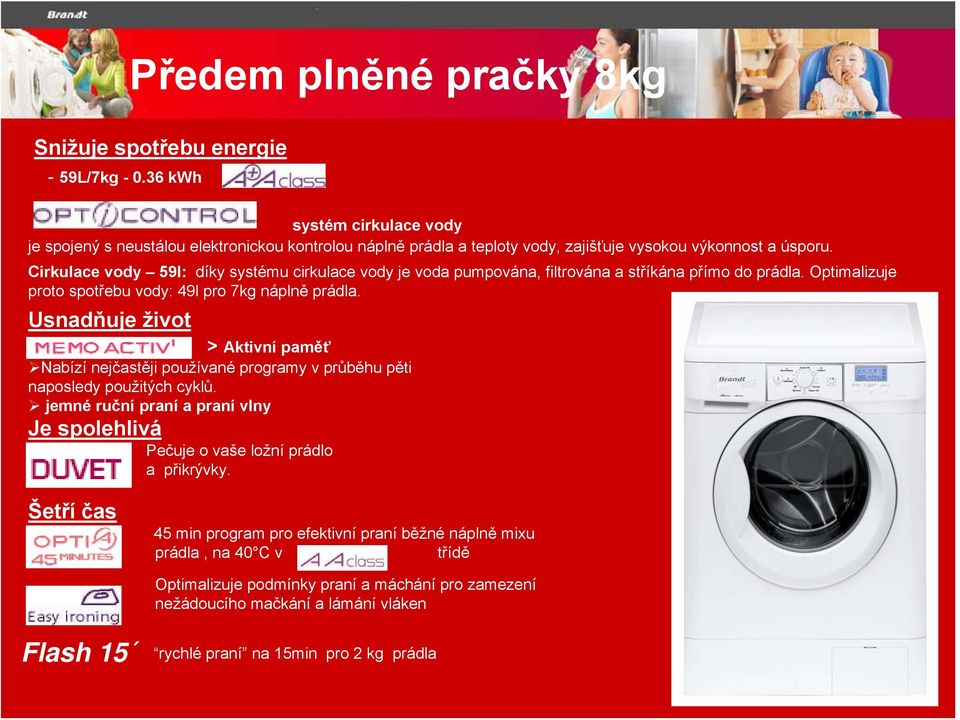 Cirkulace vody 59l: díky systému cirkulace vody je voda pumpována, filtrována a stříkána přímo do prádla. Optimalizuje proto spotřebu vody: 49l pro 7kg náplně prádla.
