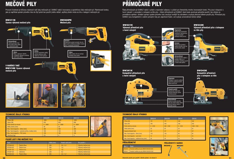 DW311K Vysoce výkonná mečová pila DW304PK Mečová pila PŘÍMOČARÉ PILY Řada přímočarých pil DEWALT nabízí v pilách s maximální výbavou i v pilách pro řemeslníky mnoho inovovaných funkcí.