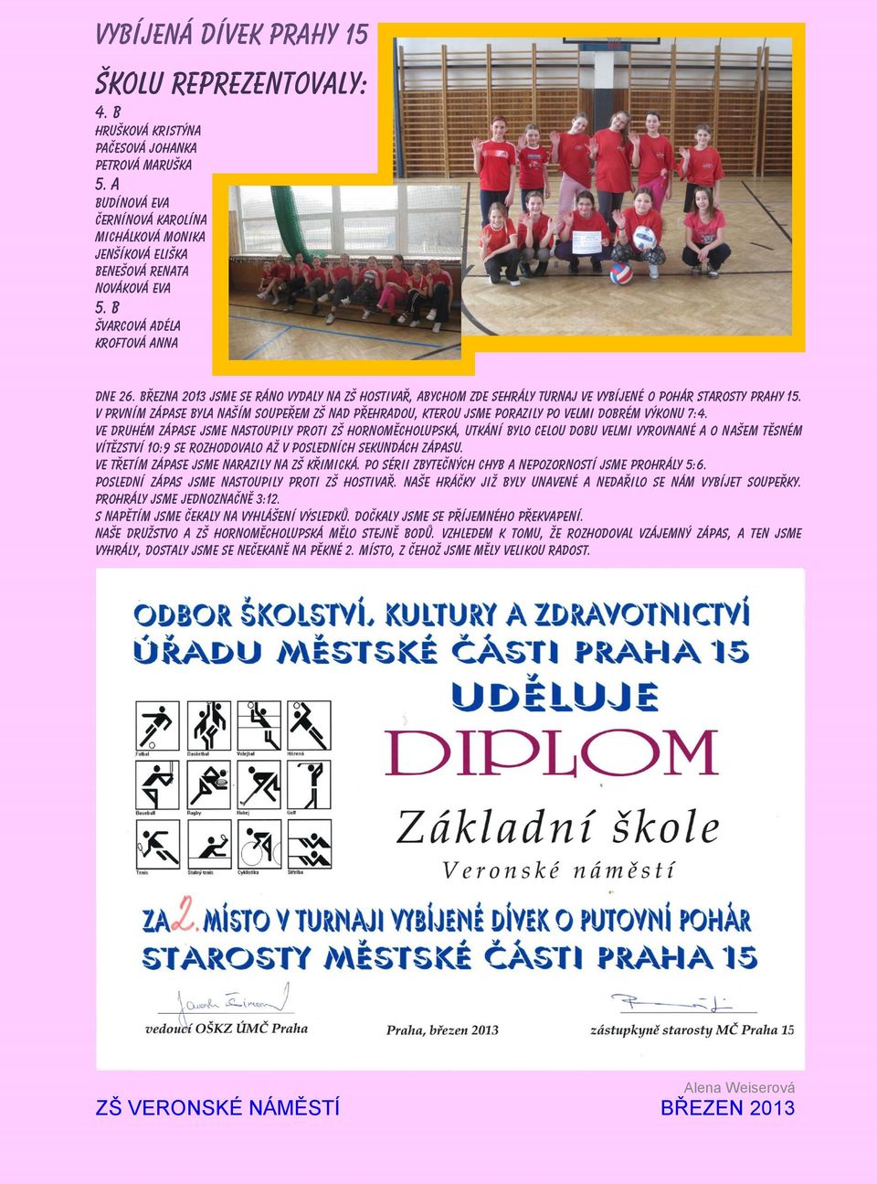Března 2013 jsme se ráno vydaly na ZŠ Hostivař, abychom zde sehrály turnaj ve vybíjené O pohár starosty Prahy 15.