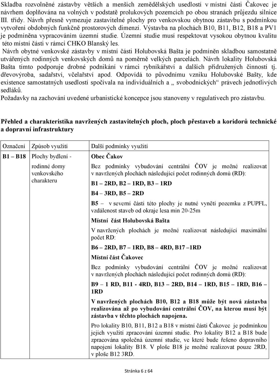 Výstavba na plochách B10, B11, B12, B18 a PV1 je podmíněna vypracováním územní studie. Územní studie musí respektovat vysokou obytnou kvalitu této místní části v rámci CHKO Blanský les.