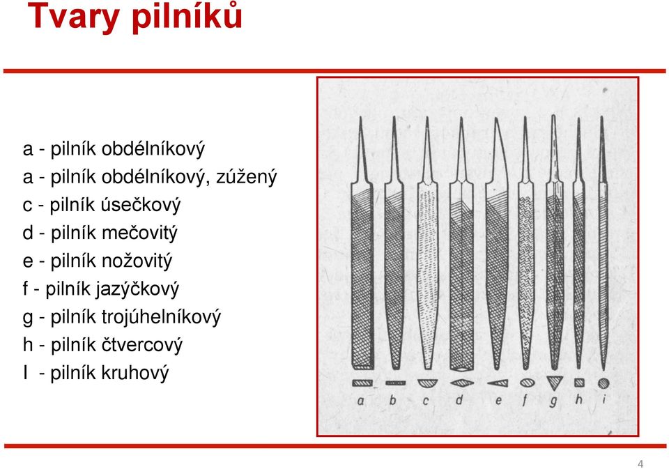 mečovitý e - pilník nožovitý f - pilník jazýčkový g -