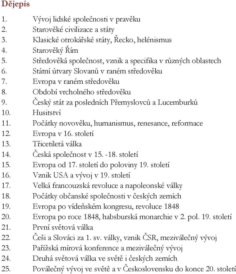 Český stát za posledních Přemyslovců a Lucemburků 10. Husitství 11. Počátky novověku, humanismus, renesance, reformace 12. Evropa v 16. století 13. Třicetiletá válka 14. Česká společnost v 15. -18.