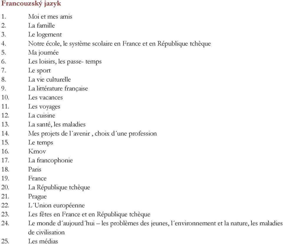 La santé, les maladies 14. Mes projets de l avenir, choix d une profession 15. Le temps 16. Krnov 17. La francophonie 18. Paris 19. France 20. La République tchèque 21.