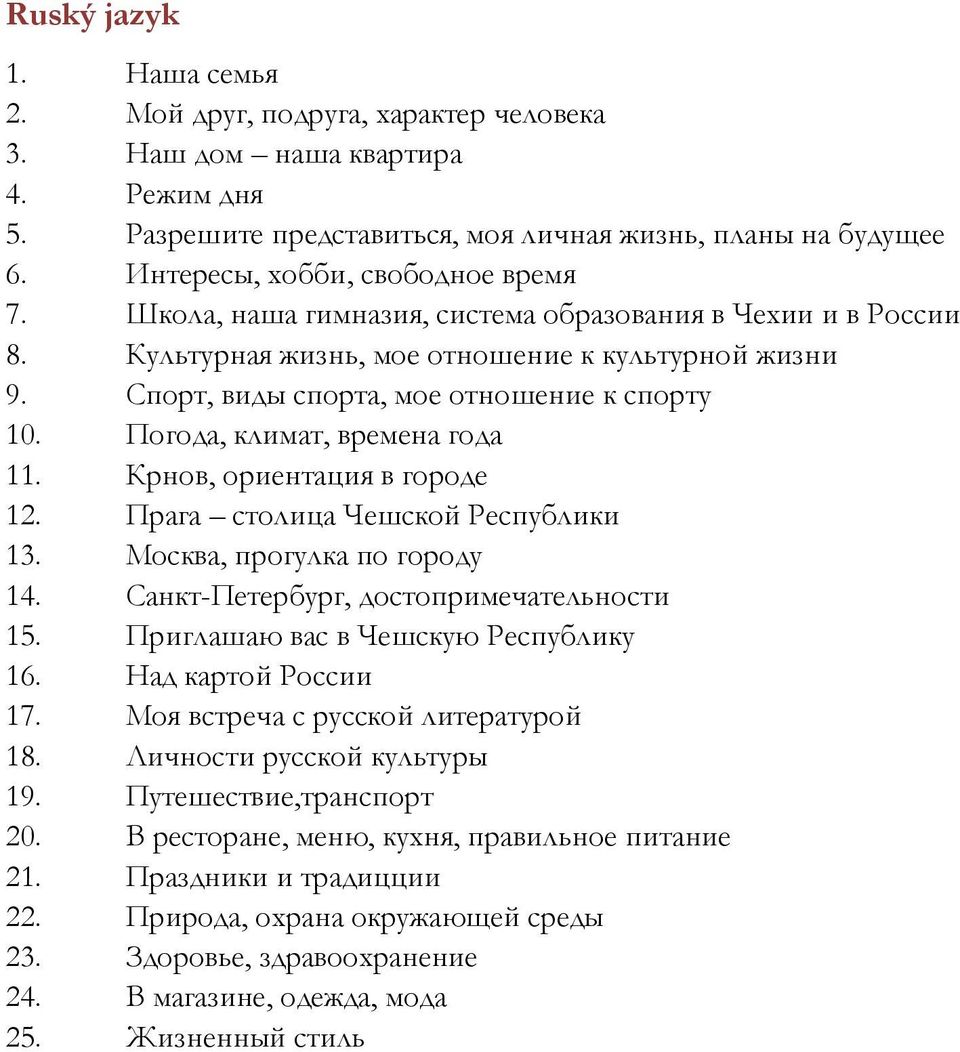Погода, климат, времена года 11. Крнов, ориентация в городе 12. Прага столица Чешской Республики 13. Москва, прогулка по городу 14. Санкт-Петербург, достопримечательности 15.