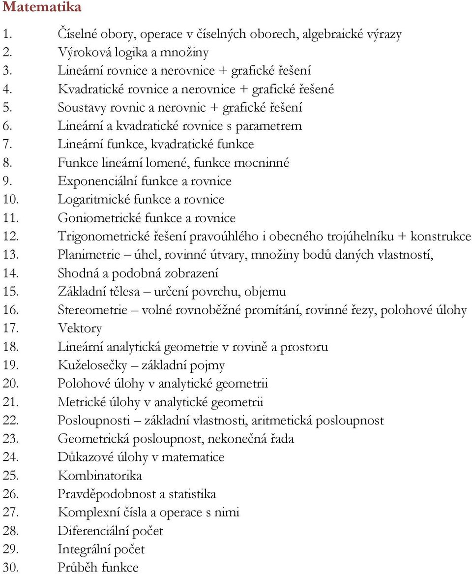 Funkce lineární lomené, funkce mocninné 9. Exponenciální funkce a rovnice 10. Logaritmické funkce a rovnice 11. Goniometrické funkce a rovnice 12.
