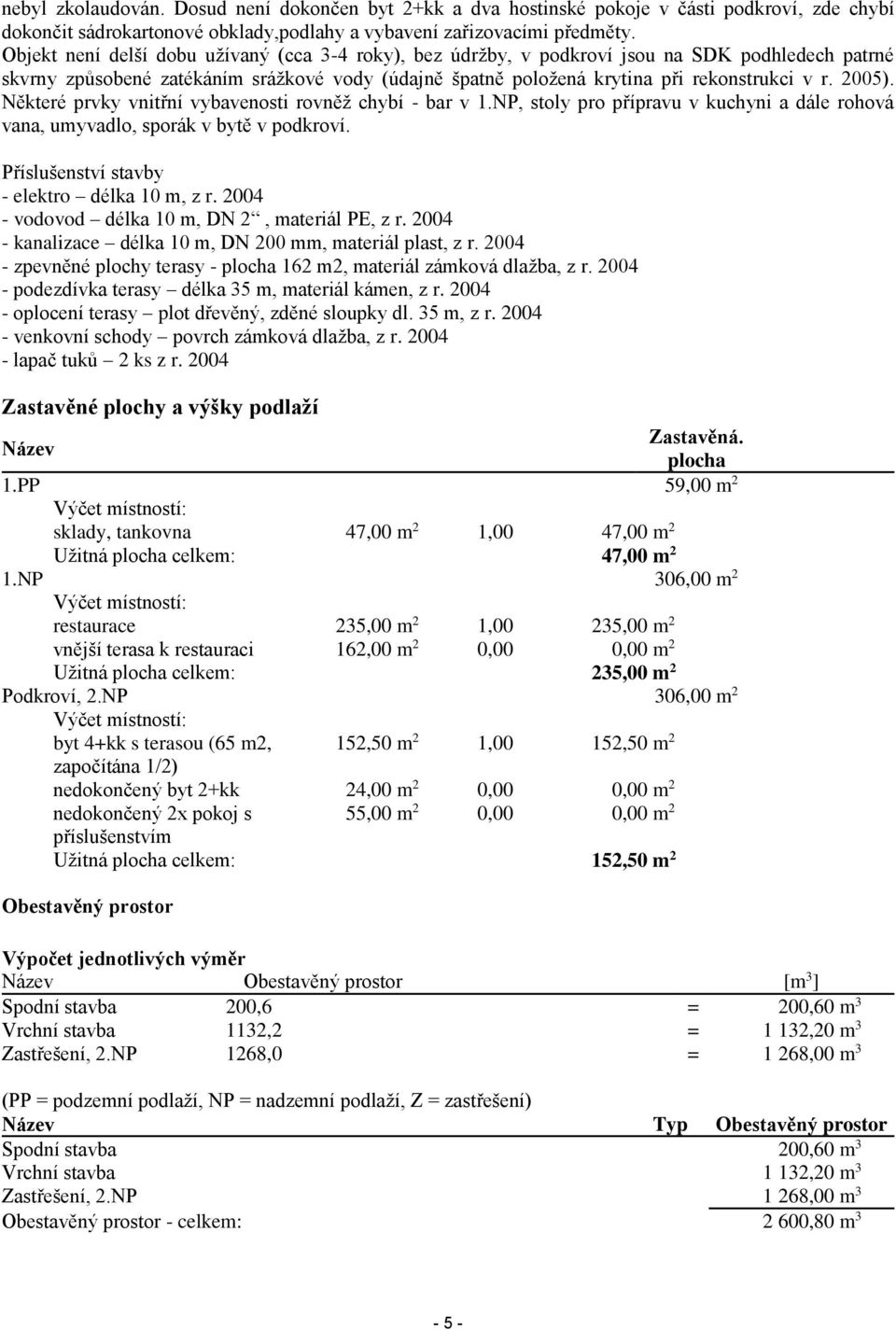 2005). Některé prvky vnitřní vybavenosti rovněž chybí - bar v 1.NP, stoly pro přípravu v kuchyni a dále rohová vana, umyvadlo, sporák v bytě v podkroví. Příslušenství stavby - elektro délka 10 m, z r.