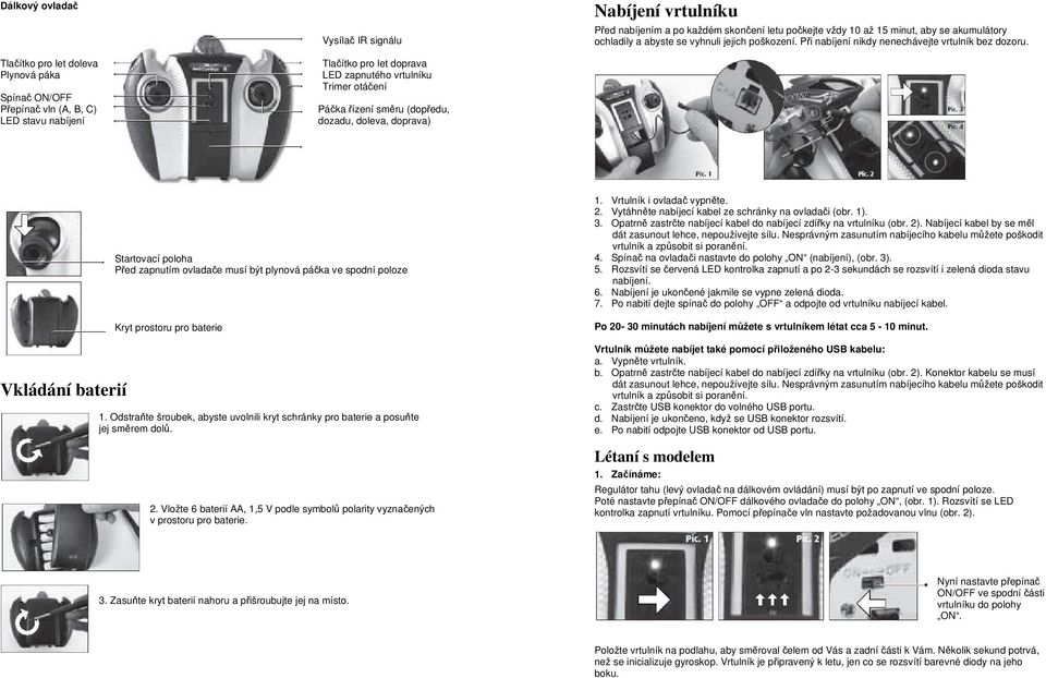 Tlačítko pro let doleva Tlačítko pro let doprava Plynová páka LED zapnutého vrtulníku Trimer otáčení Spínač ON/OFF Přepínač vln (A, B, C) Páčka řízení směru (dopředu, LED stavu nabíjení dozadu,