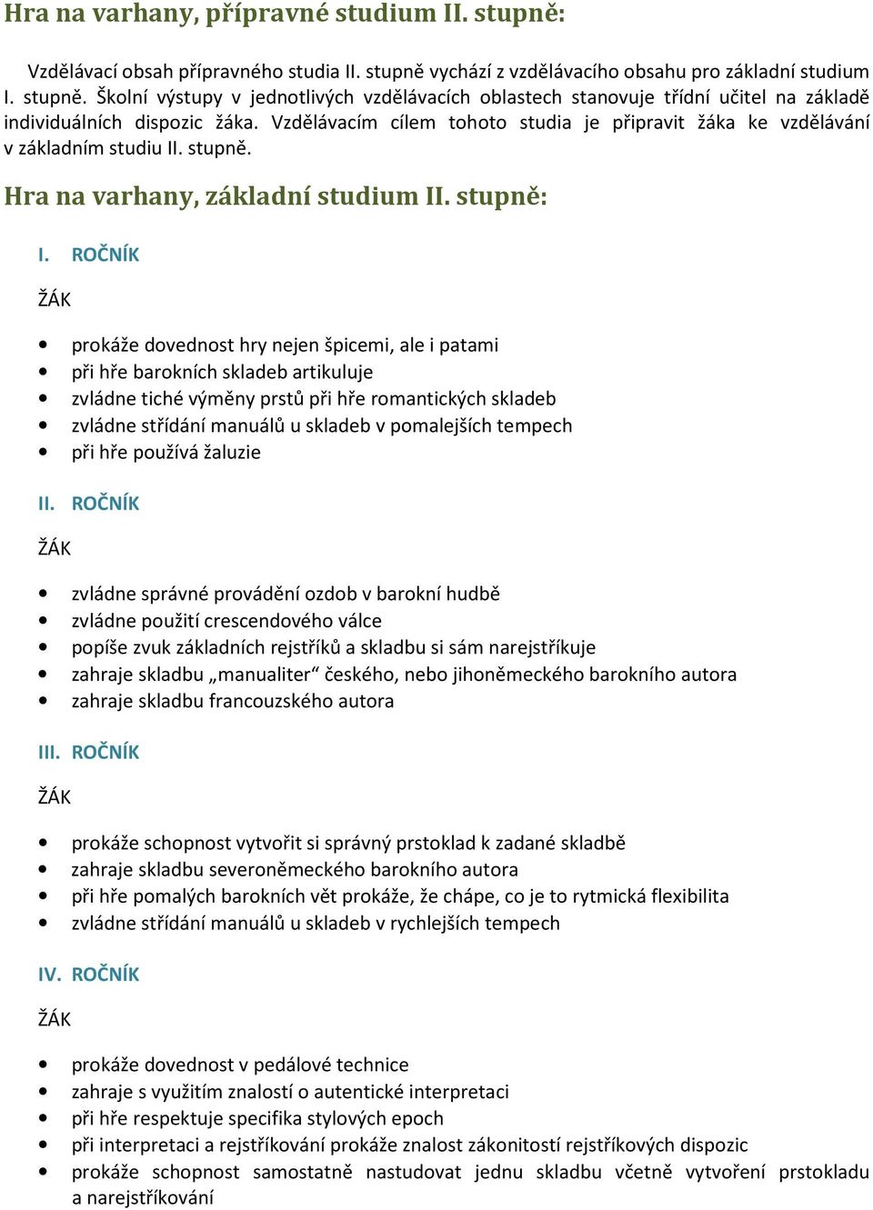 ROČNÍK prokáže dovednost hry nejen špicemi, ale i patami při hře barokních skladeb artikuluje zvládne tiché výměny prstů při hře romantických skladeb zvládne střídání manuálů u skladeb v pomalejších