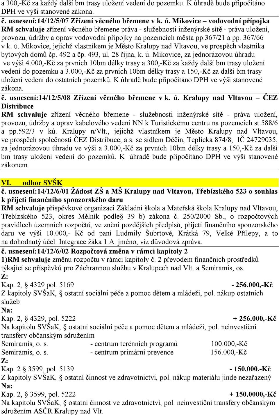 Mikovice vodovodní přípojka RM schvaluje zřízení věcného břemene práva - služebnosti inženýrské sítě - práva uložení, provozu, údržby a oprav vodovodní přípojky na pozemcích města pp.367/21 a pp.