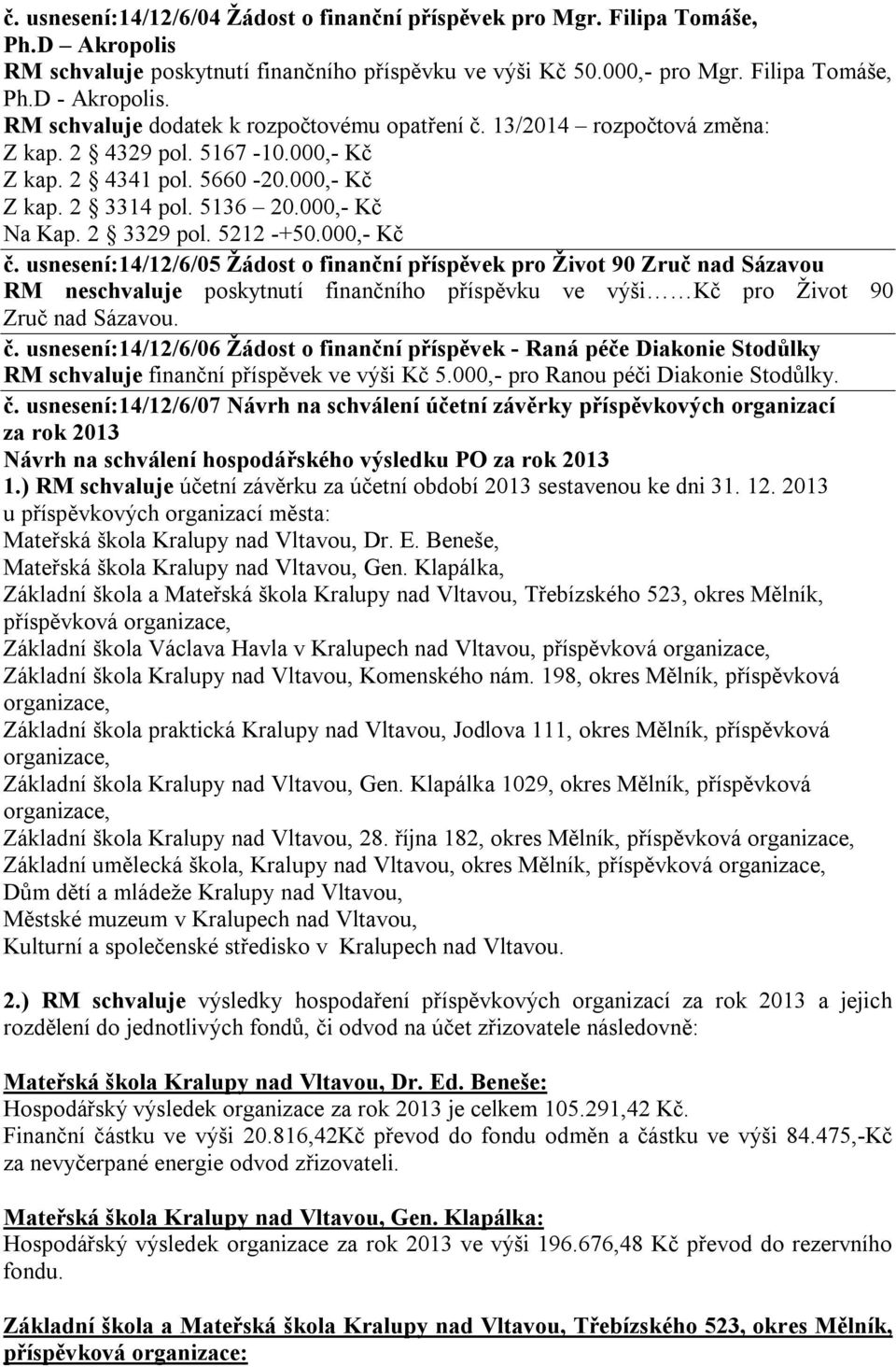 2 3329 pol. 5212 -+50.000,- Kč č. usnesení:14/12/6/05 Žádost o finanční příspěvek pro Život 90 Zruč nad Sázavou RM neschvaluje poskytnutí finančního příspěvku ve výši Kč pro Život 90 Zruč nad Sázavou.