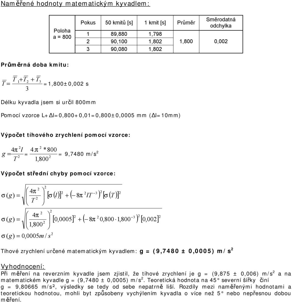 π *800 9,7480 m/s 1,800 Výpočet střední chyby pomocí vzorce: 0,0005m / s 1,800 3 [ σ () ] + ( 8π )[ σ ( )] 3 [ 0,0005] + ( 8π 0,800 1,800 ) [ 0,00] íhové zrychení určené matematickým kyvadem: (9,7480