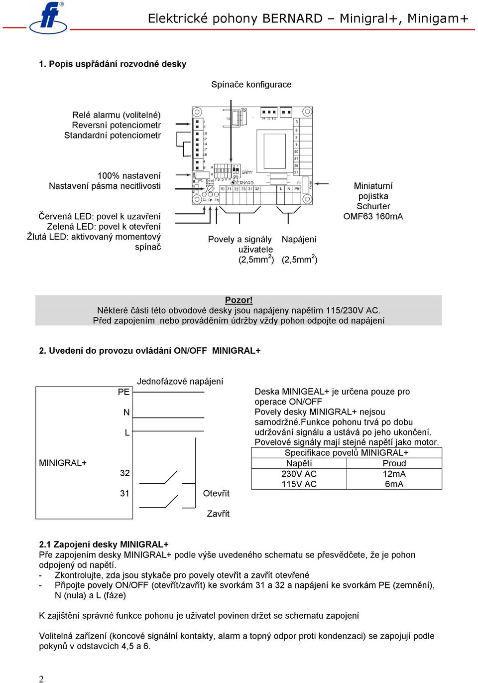 Některé části této obvodové desky jsou napájeny napětím 115/230V AC. Před zapojením nebo prováděním údržby vždy pohon odpojte od napájení 2.