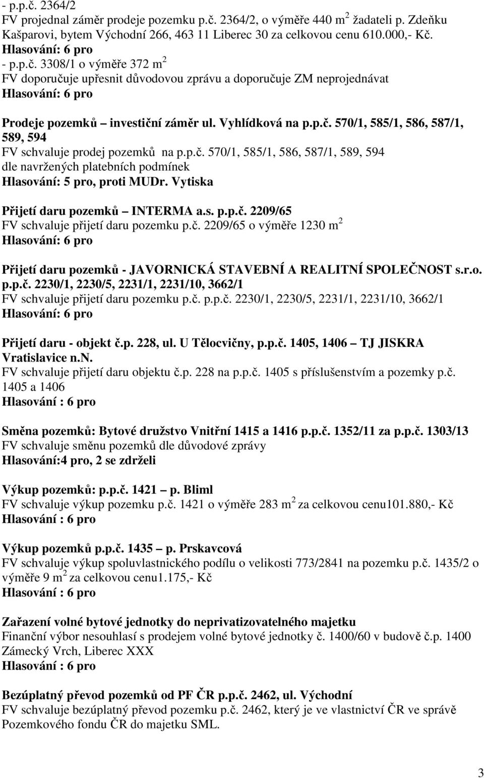 Vytiska Přijetí daru pozemků INTERMA a.s. p.p.č. 2209/65 FV schvaluje přijetí daru pozemku p.č. 2209/65 o výměře 1230 m 2 Přijetí daru pozemků - JAVORNICKÁ STAVEBNÍ A REALITNÍ SPOLEČNOST s.r.o. p.p.č. 2230/1, 2230/5, 2231/1, 2231/10, 3662/1 FV schvaluje přijetí daru pozemku p.