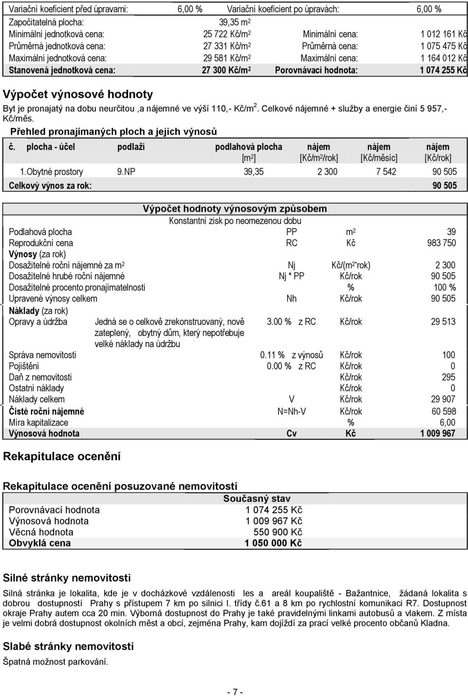 255 Kč Výpočet výnosové hodnoty Byt je pronajatý na dobu neurčitou,a nájemné ve výší 110,- Kč/m 2. Celkové nájemné + služby a energie činí 5 957,- Kč/měs.