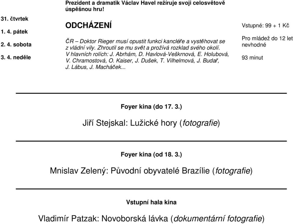 Abrhám, D. Havlová-Veškrnová, E. Holubová, V. Chramostová, O. Kaiser, J. Dušek, T. Vilhelmová, J. Budař, J. Lábus, J. Macháček.