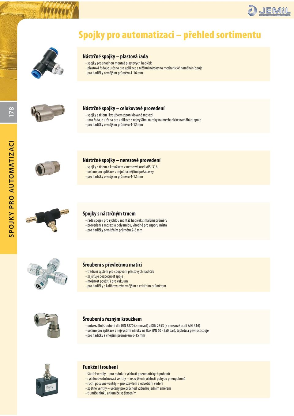 mechanické namáhání spoje - pro hadičky o vnějším průměru 4-12 mm SPOJKY PRO AUTOMATIZACI Nástrčné spojky nerezové provedení - spojky s tělem a kroužkem z nerezové oceli AISI 316 - určeno pro