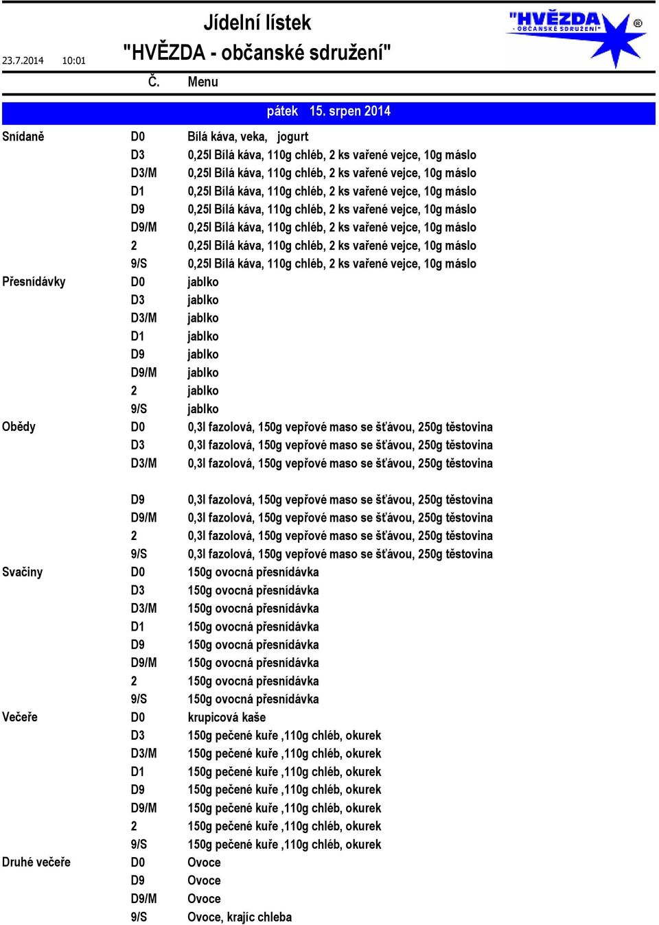 vařené vejce, 10g máslo D9 0,25l Bílá káva, 110g chléb, 2 ks vařené vejce, 10g máslo D9/M 0,25l Bílá káva, 110g chléb, 2 ks vařené vejce, 10g máslo 2 0,25l Bílá káva, 110g chléb, 2 ks vařené vejce,