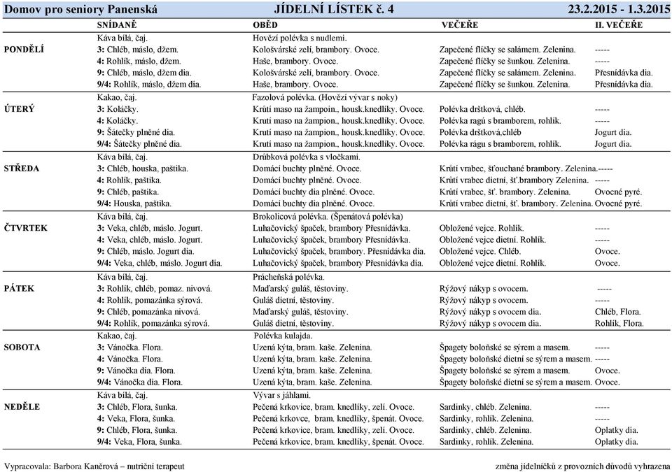 9/4: Rohlík, máslo, džem dia. Haše, brambory. Ovoce. Zapečené flíčky se šunkou. Zelenina. Přesnídávka dia. Fazolová polévka. (Hovězí vývar s noky) ÚTERÝ 3: Koláčky. Krůtí maso na žampoin., housk.